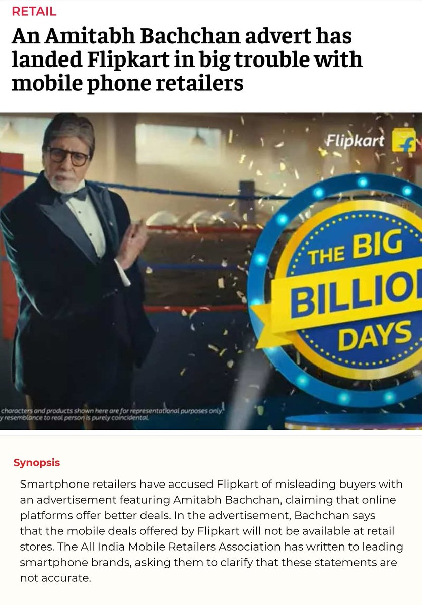 AimraIndia's tweet photo. 📢 AIMRA India stands firm in condemning Shri @SrBachchan for his misleading ads against mobile retailers in India. Such misleading ads undermine the hard work and credibility of our industry. 🚫📱

We at AIMRA India are deeply disappointed by the recent actions of Shri Amitabh Bachchan. As one of the most respected actors in India, his influential presence carries immense responsibility. Unfortunately, he has chosen to endorse misleading advertisements that target and undermine the mobile retailers in our country.

📢 It is crucial to raise our collective voice against such misleading campaigns that not only hurt our businesses but also misguide consumers. Mobile retailers play a pivotal role in providing genuine products and after-sales services, contributing significantly to the growth of the mobile industry. By spreading false information, these ads are not only damaging our business but also eroding the trust that consumers have in our services.

🚫📱 The hard work and dedication of mobile retailers should not be discredited in this manner. We have invested our time, resources, and efforts to provide customers with the best mobile devices and services. It is disheartening to see a respected figure like Shri Amitabh Bachchan associating himself with misleading advertisements, causing harm to our industry.

We urge everyone to stand united with us and raise their voice against such misleading practices. Let's spread awareness and bring justice! Together, we can ensure that the efforts of mobile retailers are recognised and appreciated.

🔗 Read more about this issue here:
https://t.co/BUcIocwMck

✅ Help us by using the following hashtags in your posts:
- #AIMRAIndiaStronglyCondemns
- #StopMisleadinAds

Let's stand together and ensure fairness and justice prevail in the mobile retail industry. Together, we are stronger! 💪📲

@rohitksingh @jagograhakjago @MIB_India @praveendel @ascionline @sumitagarwal_IN @CAITIndia @ICEA_India @rai_india @ficci_india 
@Xiaomi @XiaomiIndia @realmeIndia @realmeglobal @Apple @SamsungIndia @Samsung  @OPPOIndia @oppo @Vivo_India @OnePlus_IN @HiHonorIndia
@NokiamobileIN @reliancejio @GoogleIndia 
@Bajaj_Finserv  @Paytm @PineLabs @TVSCredit @HomeCredit_In @hdbfsl @ZestMoney @PineLabs
@Meta @HDFC_Bank @IDFCFIRSTBank @ICICIBank @TheOfficialSBI
@KotakBankLtd 
@EconomicTimes