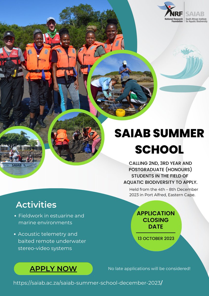 Calling all 2nd, 3rd year and postgraduate students! The SAIAB Summer School is now accepting applications for a fantastic opportunity to learn more about aquatic biodiversity. The closing date is 13 October 2023. For more details, visit the link below. saiab.ac.za/saiab-summer-s…