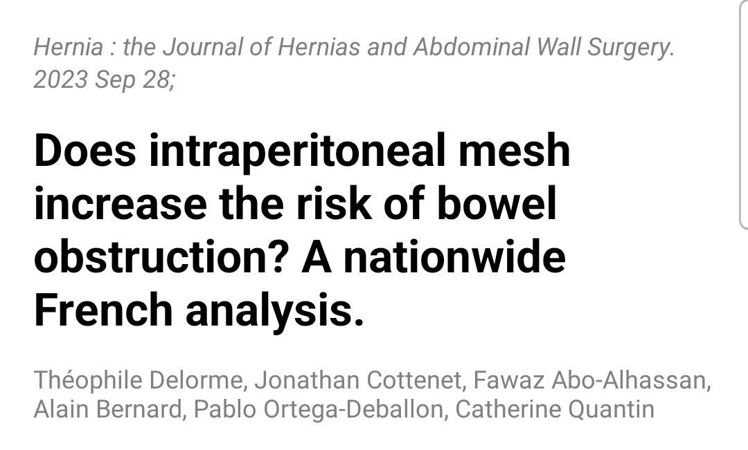 eurohernias's tweet photo. https://t.co/Y0DH1mbH4R Does intraperitoneal mesh increase the risk of bowel obstruction? A nationwide French analysis.

#HerniaSurgery #HerniaRegistry #IPOM #VHR https://t.co/U5FG5UCzYf