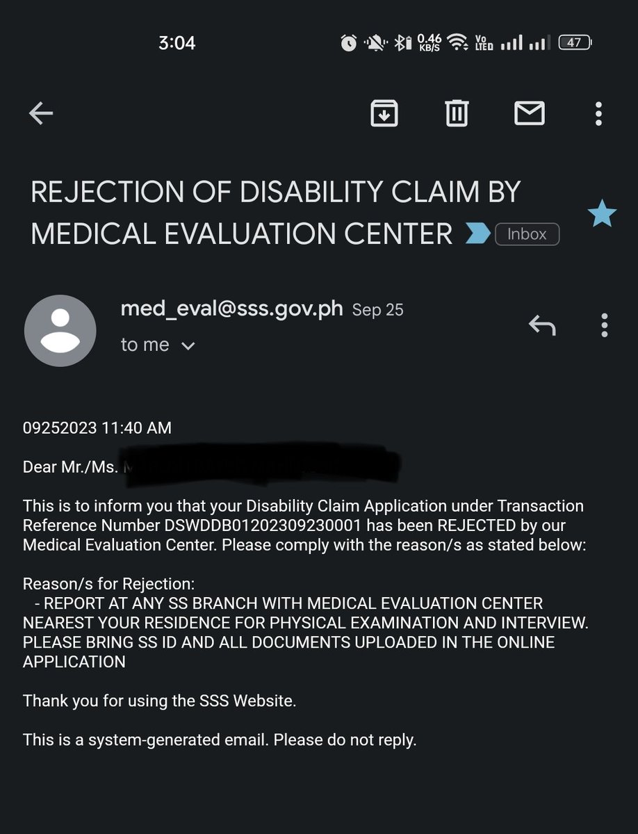 1Pozboy143's tweet photo. Im Confused sa status nung na file ko for sss disability claim, 
Timeline:
09/23: Filed Disability Claim thru SSS Online
09/25: Received Rejected Email (For Medical Eval)
09/29: Medical Eval and Submitted All Necessary Documents for the said claim
10/02: Rejected Claim Status https://t.co/lB2bcRxxKV