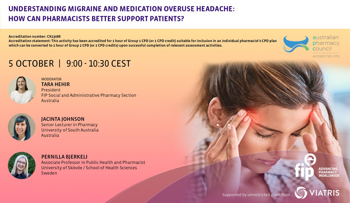 Pharmacists play a key role in optimising treatment of migraine &amp; medication overuse headache. Join us on 5 October at 09:00 CEST to explore different options &amp; guidance on how #pharmacists can support patients: t.ly/Kt0V8