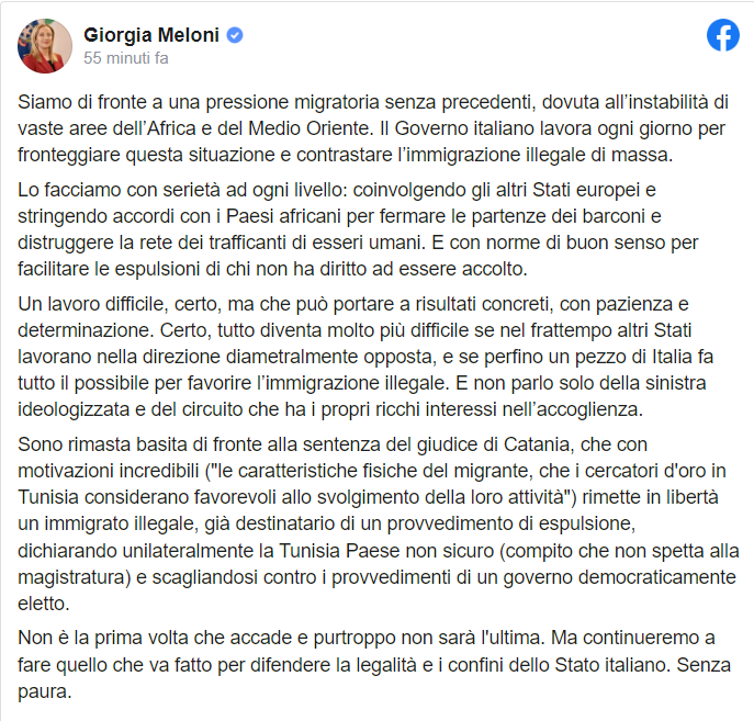 ultimora_pol's tweet photo. Migranti, Giorgia #Meloni: "Il governo lavora con serietà ma tutto diventa più difficile se altri Stati lavorano nella direzione diametralmente opposta, e se perfino un pezzo di Italia fa tutto il possibile per favorire l’immigrazione illegale. Basita di fronte alla sentenza del giudice di Catania"
@ultimora_pol