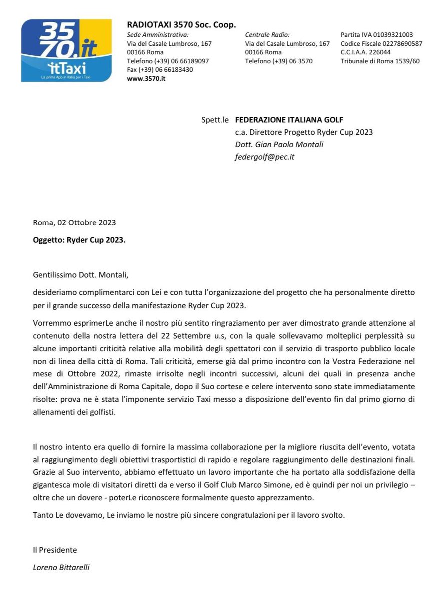 taxiroma3570's tweet image. La Cooperativa Radiotaxi 3570 ringrazia per l’ottimo risultato ottenuto della #RyderCup2023 la @FederGolf nella figura di Gian Paolo Montali