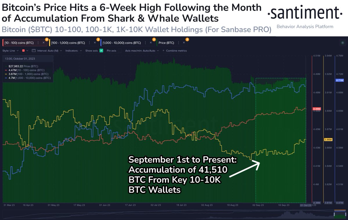 🐳 #Bitcoin has blasted back above $28K for the first time since August  17th. With 10-10K $BTC wallets accumulating a combined $1.17B since  September 1st, a return to a $30K market value