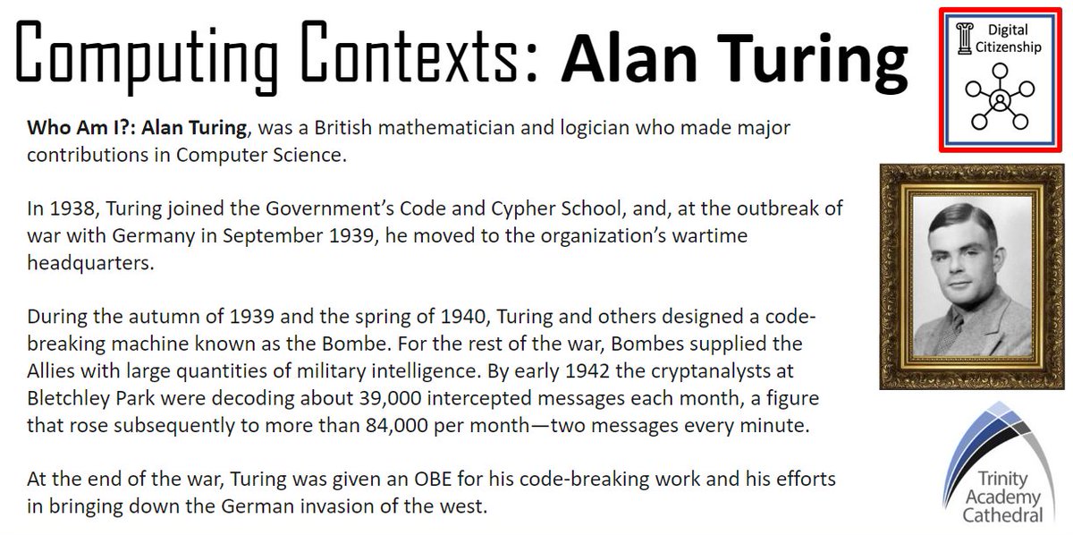 ComputingTac's tweet image. This year sees the launch of our 'Computing Contexts' focus across KS3 lessons, exploring key influential figures past and present who have made an impact in the industry. We're very excited to share the success stories of Alan Turing, Ada Lovelace and Bill Gates  #TAC #Pioneers