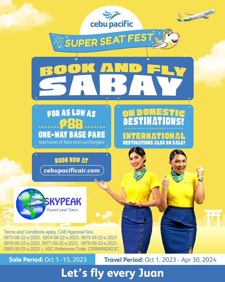 sky_peak's tweet photo. Cebu Pacific @CebuPacificAir Flights SeatSale @ #Skypeak Travel&amp;Tours visit our fb 4 details https://t.co/JONIgLicX2 #CEBSeatSale #CEBSuperSeatFest #CEBSuperPass #EveryJuanWillFlyAgain #FlySafePH #MoreSmilesAhead #CEBTravels #JuanLove #LetsFlyJuansMore #LetsFlyEveryJuan https://t.co/RRj85jdbTu