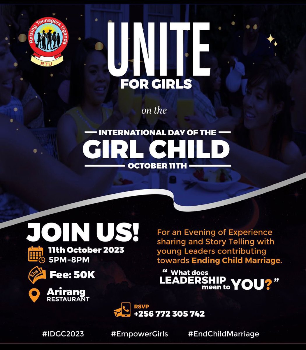 Mark your calendars for October 11th! 🗓 
Join us in celebrating #IDGC2023 with a powerful #UniteForGirlsNight hosted by @RaisingTeensUG1. Together, we'll stand against #ChildMarriage and empower girls for a brighter, more equal future. 
Let's make a difference! #EndChildMarriage