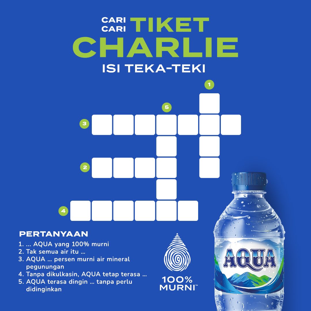 Mimin AQUA lagi cari-cari yang bisa jawab teka-teki ini dengan percaya diri. 

Biar makin besar kesempatan menangin tiket konser The “Charlie” Experience, ikuti beberapa persyaratan di bawah ini ya: