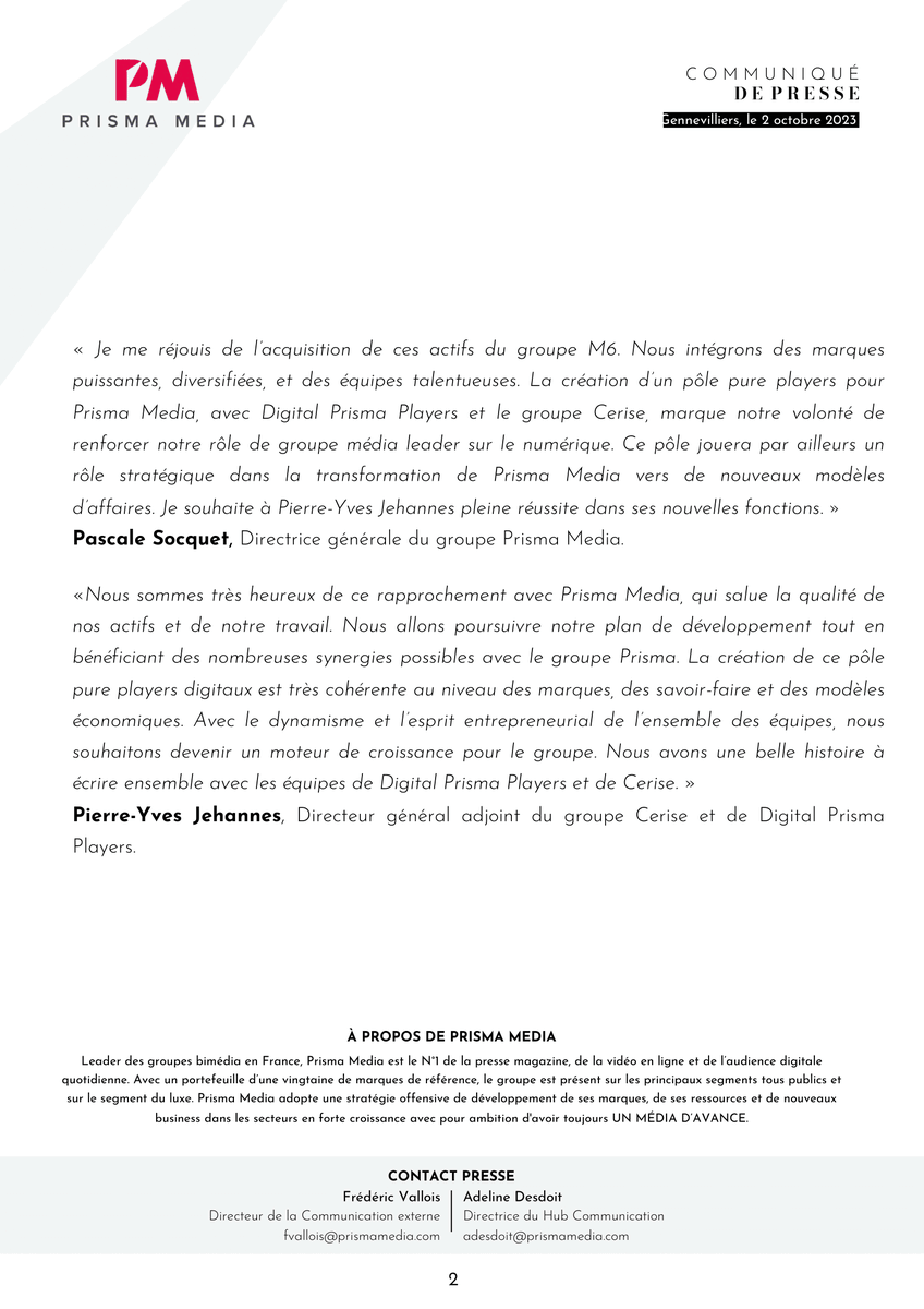 [𝐂𝐎𝐌𝐌𝐔𝐍𝐈𝐐𝐔𝐄́ 𝐃𝐄 𝐏𝐑𝐄𝐒𝐒𝐄] 

Prisma Media acquiert les actifs du pôle M6 Digital Services et crée un pôle de pure players digitaux : Digital Prisma Players. 

#acquisition #DPP 

En savoir plus 
🔽🔽