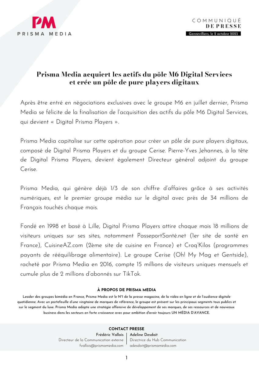PrismaMedia's tweet photo. [𝐂𝐎𝐌𝐌𝐔𝐍𝐈𝐐𝐔𝐄́ 𝐃𝐄 𝐏𝐑𝐄𝐒𝐒𝐄] 

Prisma Media acquiert les actifs du pôle M6 Digital Services et crée un pôle de pure players digitaux : Digital Prisma Players. 

#acquisition #DPP 

En savoir plus 
🔽🔽 https://t.co/jx3Dr9kjy9