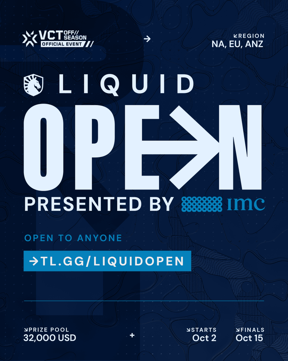 Today we're kicking off the #LiquidOpen open qualifiers in EU & NA. #Valorant players worldwide will compete for a pretty impressive prize pool and much-coveted bragging rights. Stay tuned for qualifiers in ANZ on 9 October! GLHF! @TeamLiquid