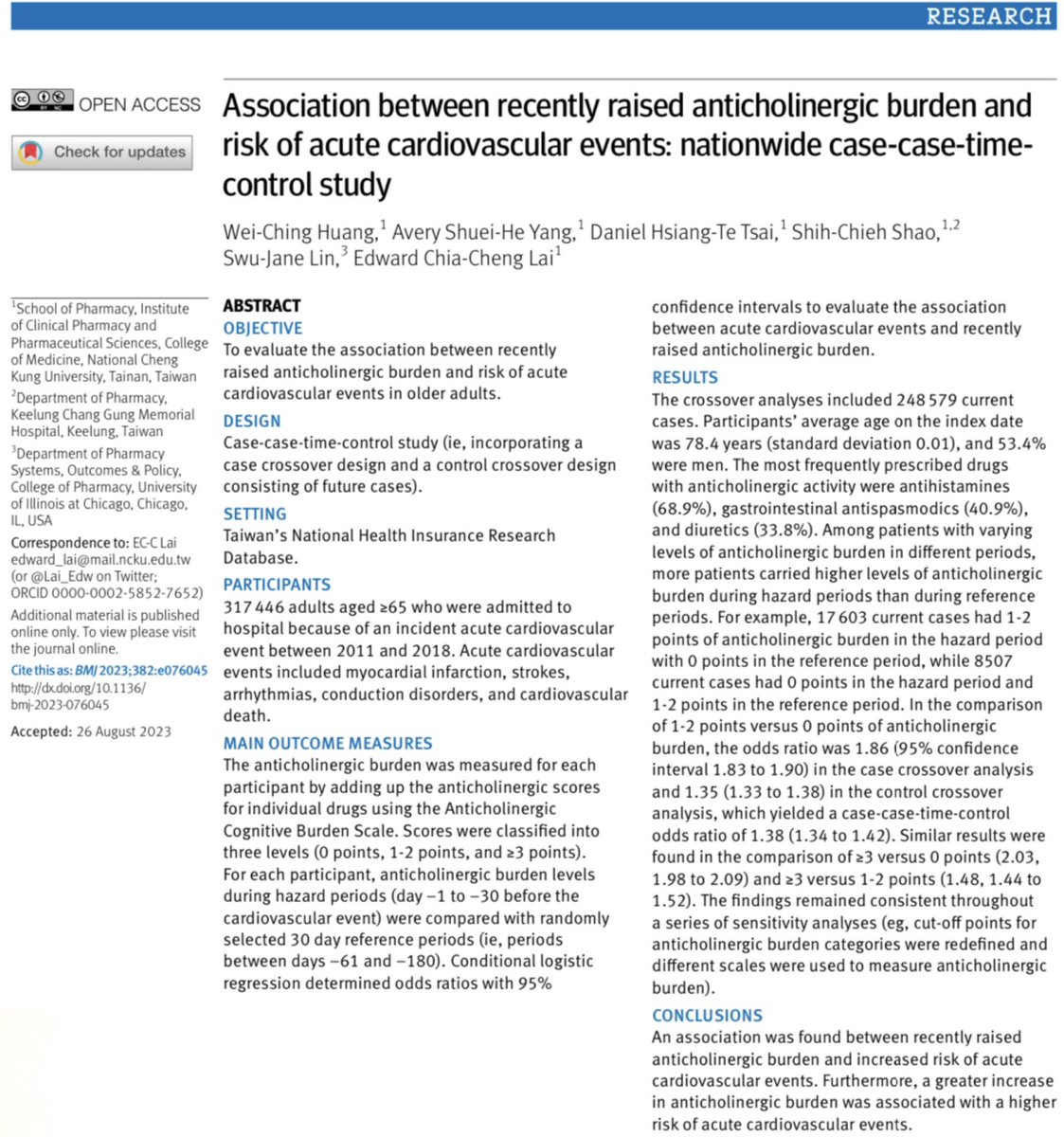 GrahamStretch's tweet photo. ‘An association ACB &amp; ⬆️ risk of acute CV events..We showed a dose-response relation between ACB &amp; risk of acute CV events, indicating probable causation’ Huang et al
doi: 10.1136/bmi-2023-076045

Causation; dementia &amp; CV events -more reasons to avoid overprescribing of ACB drugs https://t.co/f3rZ5fQv3h
