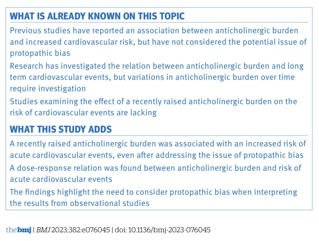 ‘An association ACB &amp; ⬆️ risk of acute CV events..We showed a dose-response relation between ACB &amp; risk of acute CV events, indicating probable causation’ Huang et al
doi: 10.1136/bmi-2023-076045

Causation; dementia &amp; CV events -more reasons to avoid overprescribing of ACB drugs