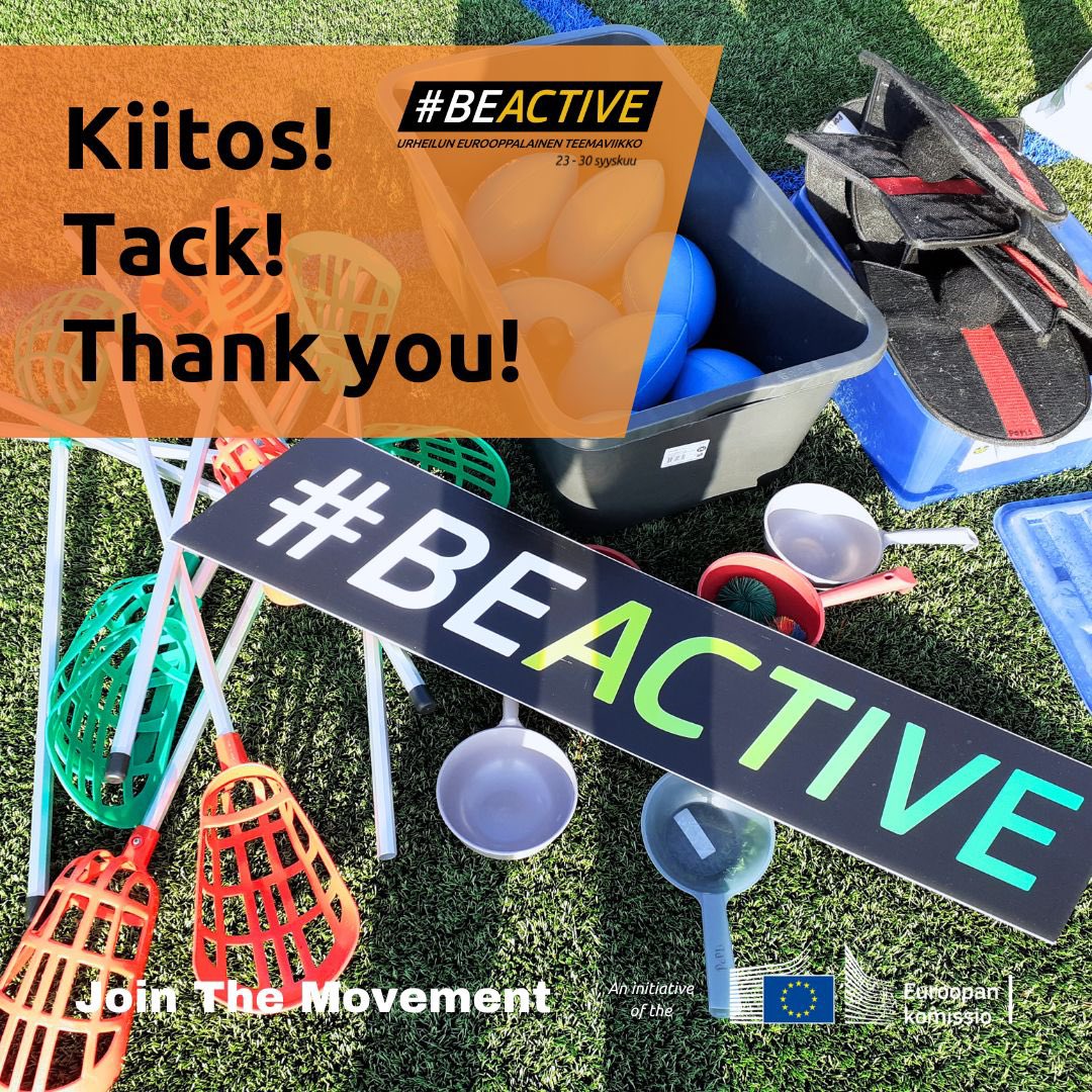 Iso kiitos kaikille Euroopan urheiluviikon yhteistyökumppaneille! Paikallisissa #BeActive-tapahtumissa nähtiin satojatuhansia liikkujia.
Erilaisten #BeActive tapahtumien toteutuksessa oli mukana yli 300 toimijaa ympäri Suomen. 😍

#EuropeanWeekofSport