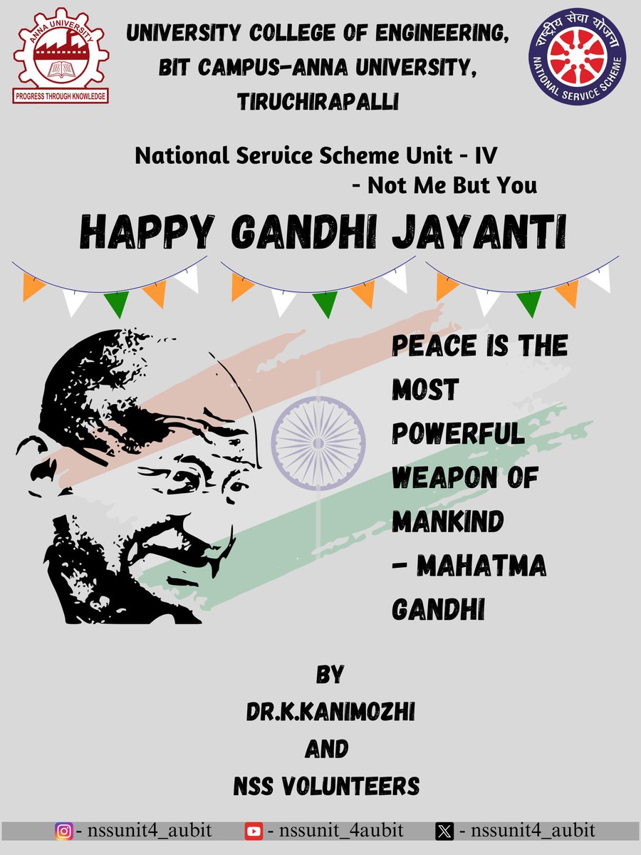 nssunit4_aubit's tweet photo. Happy Gandhi Jayanti✨

💬Name : S.JAGAN @Witty_Jag
📙Year : 3rd
🎓Dept : Electrical &amp; Electronics Engineering
🏅Nss unit : IV

Peace is the most powerful weapon of mankind - MAHATMA GANDHI

@_NSSIndia
@NSSChennai
@NssrdD
@NSSRDLucknow
@NssRajasthan
@NSSRDPATNA 
@NSSRDBhopal https://t.co/rlGR9maKra