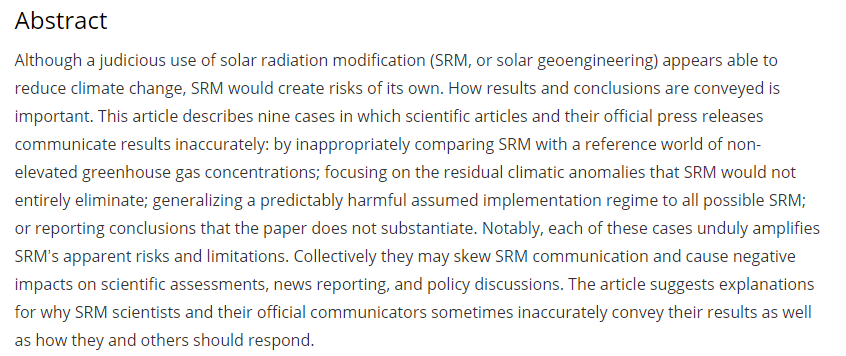 I wrote an academic article a couple years ago that identified nine scientific articles that, in either the article or the official press release, miscommunicated their findings about SRM. All amplified SRM’s apparent risks and limitations. 1/2 journals.sagepub.com/doi/10.1177/20…