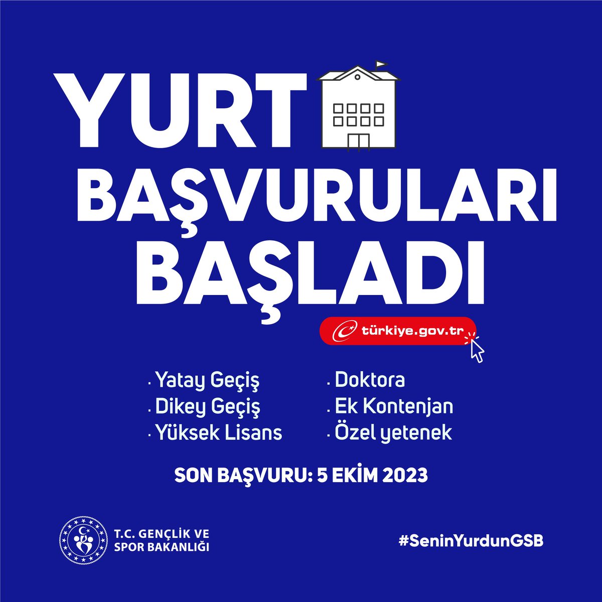 gencliksporbak's tweet photo. 📣DUYURU

Yatay Geçiş,
Dikey Geçiş,
Yüksek Lisans, 
Doktora, 
Ek Kontenjan, 
Özel Yetenek Öğrencileri için;
Yurt Başvuruları Başladı!

🔗https://t.co/y4Pc11wumZ 
🗓️05 Ekim 2023, 23:59 https://t.co/XM4C8vpEFy