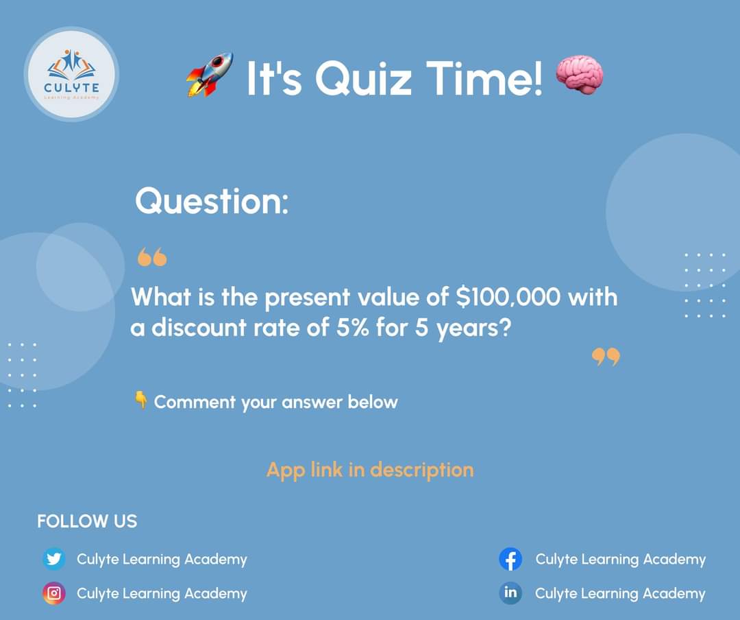 Culyte_Academy's tweet photo. What is the present value of $100,000 with a discount rate of 5% for 5 years?

Link: https://t.co/oCPKTBYIa3

#CricketWorldCup 
#ImranKhan 
#culyteacademy 
#Debate2023 
#Trending 
#education 
#Tests 
#coins https://t.co/IiloCdvxK6