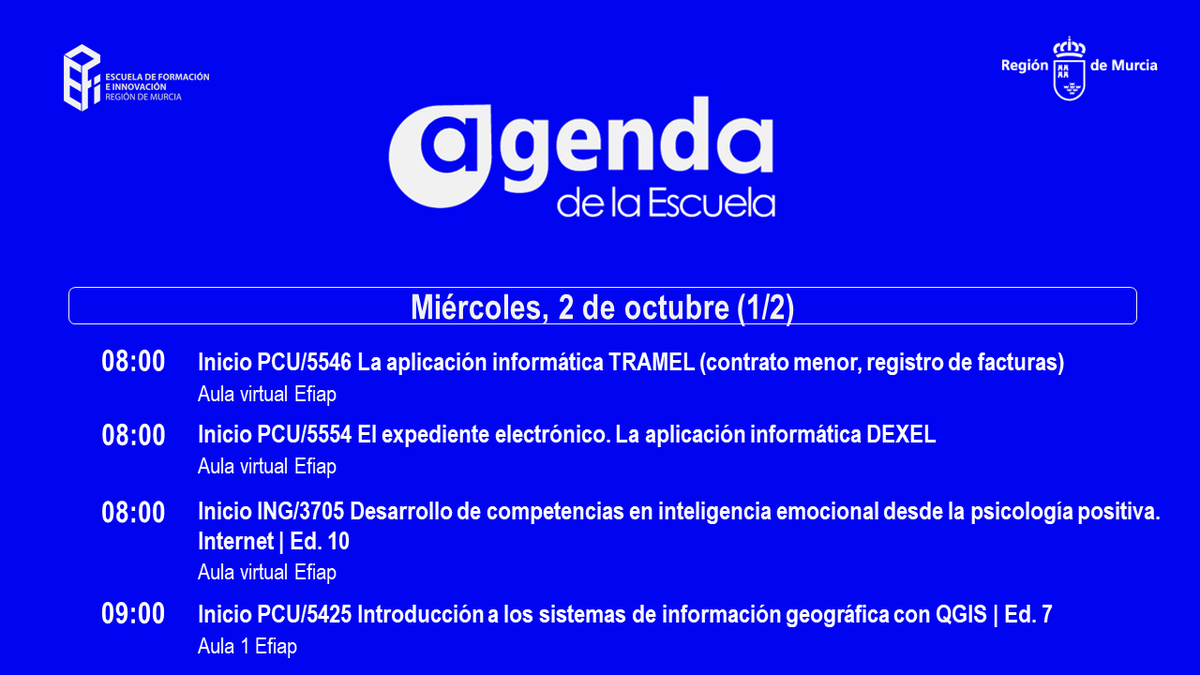 EFIAP_Murcia's tweet photo. #FelizLunes 🗓️En nuestra #AgendaEfiap de #2octubre   comienzan 7 acciones formativas:
5⃣ acciones formativas del Programa de Calidad de las Unidades (PCU) 
1⃣ acción formativa del Subprograma de Formación General (ING) 
1⃣ acción formativa descentralizada del @INAP_ES 
#EfiapPF23 https://t.co/xIr3W4QNuG