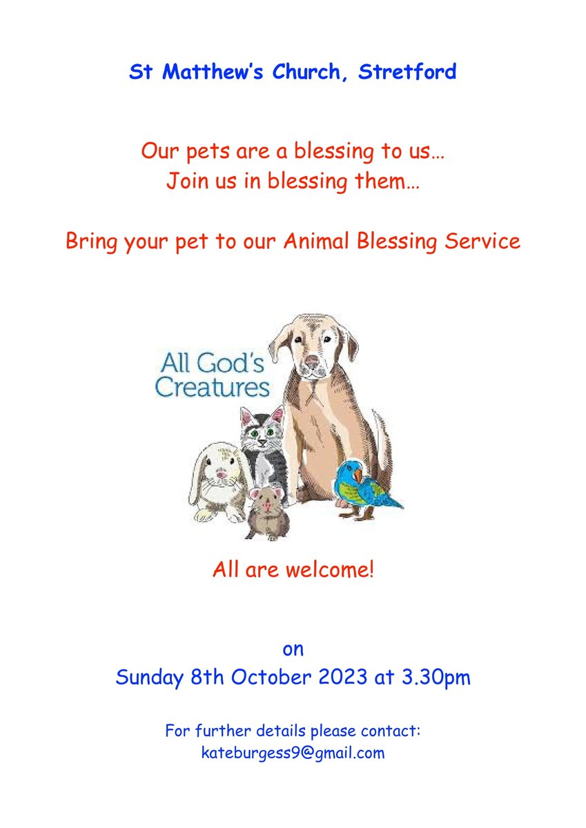 After an amazing Harvest service yesterday we are looking forward to our Animal Blessing and Pet Service this Sunday coming - 3.30pm. Come along with our without a pet!