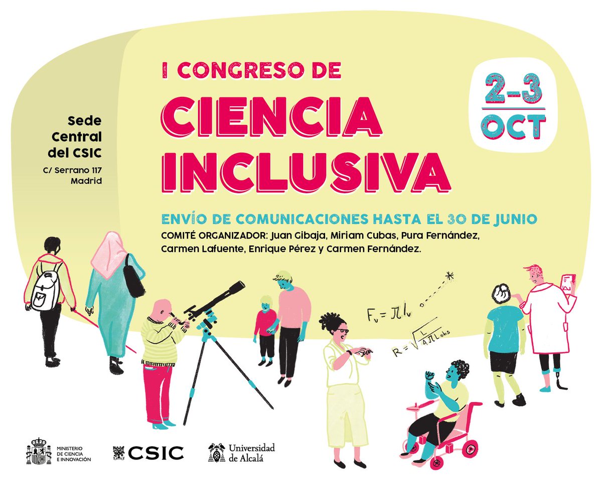 Hoy y mañana, el I Congreso de Ciencia Inclusiva aborda en el #CSIC el desafío de hacer accesible la investigación y la difusión de sus resultados sin ningún tipo de barreras personales ni sociales.
Organiza <a href="/CSICdivulga/">CSIC Divulga</a>
y <a href="/UAHes/">Universidad Alcalá</a> 
➡️ shorturl.at/ACFS9