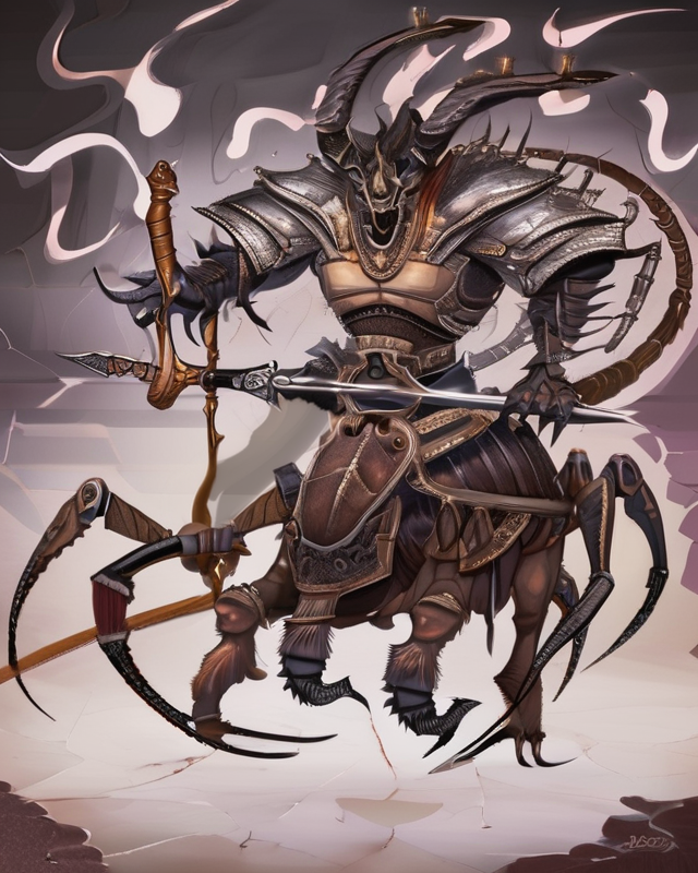 ChroniclesMyth's tweet photo. @AiProGirl If you'd like an extreme challenge, attempt to make a Girtablullû, aka a scorpion man from mesopotamian mythology. Like a centaur but instead of a horse body its a scorpions! We're trying to make one for our card game and this is the best we could do: https://t.co/FUZZa2U7p6
