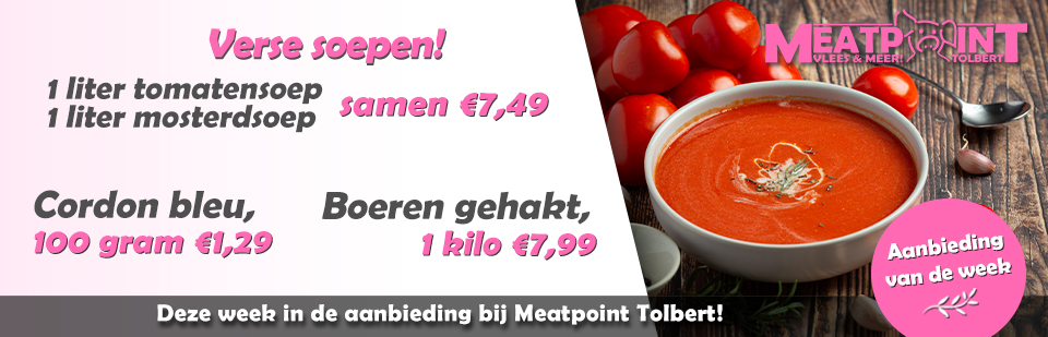 MeatpointNL's tweet image. Deze week in de aanbieding bij Meatpoint Tolbert:

VERSE SOEPEN! 1 liter tomatensoep en 1 liter mosterdsoep: samen €7,49!
Cordon bleu, 100 gram slechts €1,29!
Boeren gehakt, 1 kilo voor maar €7,99!

Kijk ook op onze website: meatpointtolbert.nl