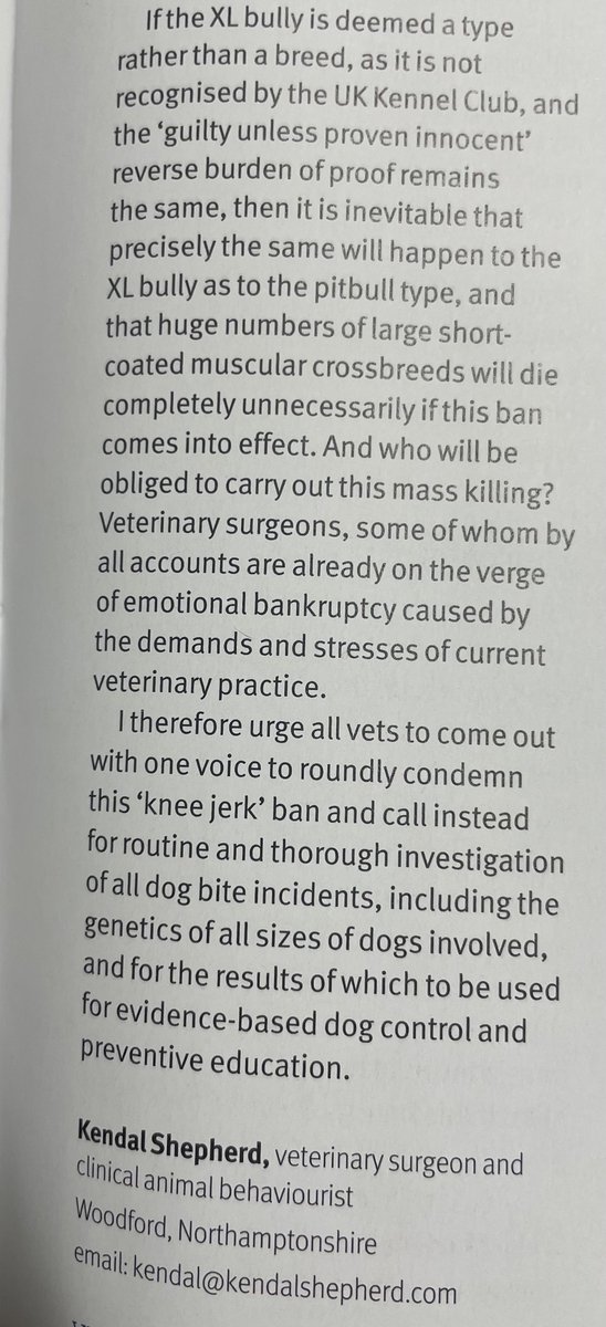 Dr Pip π©π»ββοΈπ (@vetpip) on Twitter photo Powerful letter in <a href="/Vet_Record/">Vet Record</a> from veterinary behaviourist Kendal Shepherd re: XL bully ban Powerful letter in <a href="/Vet_Record/">Vet Record</a> from veterinary behaviourist Kendal Shepherd re: XL bully ban