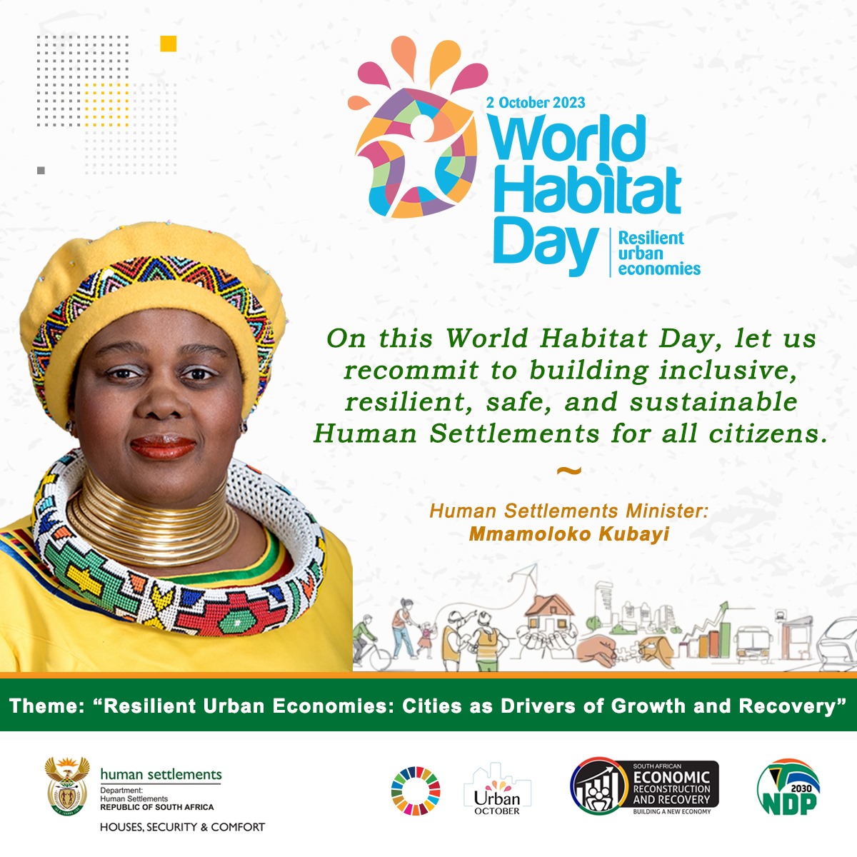The_DHS's tweet photo. PRESS RELEASE 
02 October 2023 

MINISTER KUBAYI CALLS FOR PARTNERSHIPS TO INCREASE AFFORDABLE HOUSING STOCK IN RESPONSE TO CITIES' HUMAN SETTLEMENTS CHALLENGES

https://t.co/kaWi4jWCLb

#HousingTheNation #WorldHabitatDay #UrbanOctober https://t.co/3SyVEAFTr8