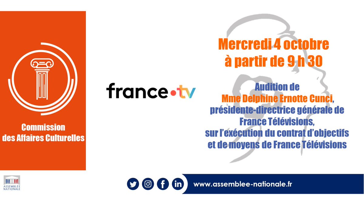AN_AfCult's tweet photo. Demain matin, la commission #AfCultAN auditionne Mme Delphine Ernotte-Cunci, présidente-directrice générale de France Télévisions (@Francetele), sur l’exécution du contrat d’objectifs et de moyens de France Télévisions en 2022. https://t.co/8hT0OHAWY4
