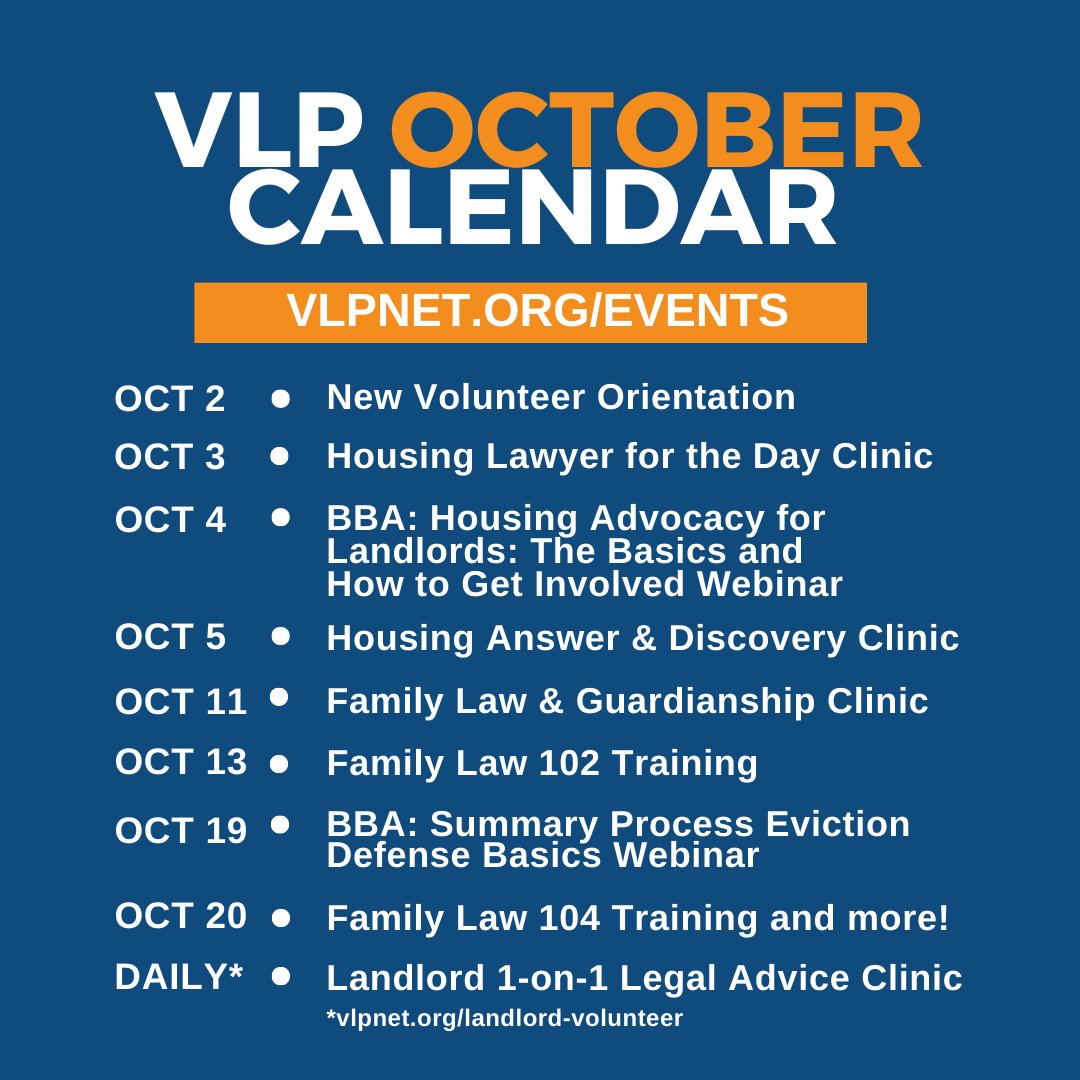 The VLP October Calendar of Events is updated. Check it out and sign up for an upcoming clinic or two! Visit vlpnet.org/events/ for the details and full calendar. #vlpboston #massachusetts #legal#lawyers #volunteeropportunities