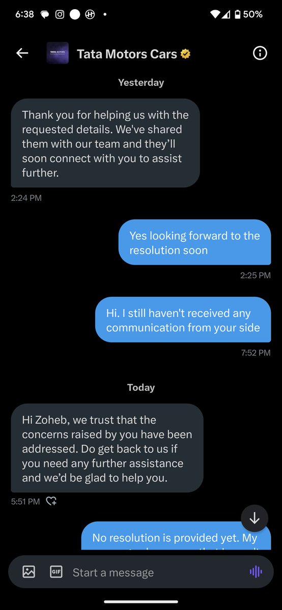 ZohebShariffi's tweet photo. At this point, what should I even expect from you guys?

This an automated message, but isn't there any internal customer service team that looks into conversation records? I have had zero interaction and @tata_cars conveniently assumed my issue was resolved? Disappointed. https://t.co/Nx5HWWMCVh
