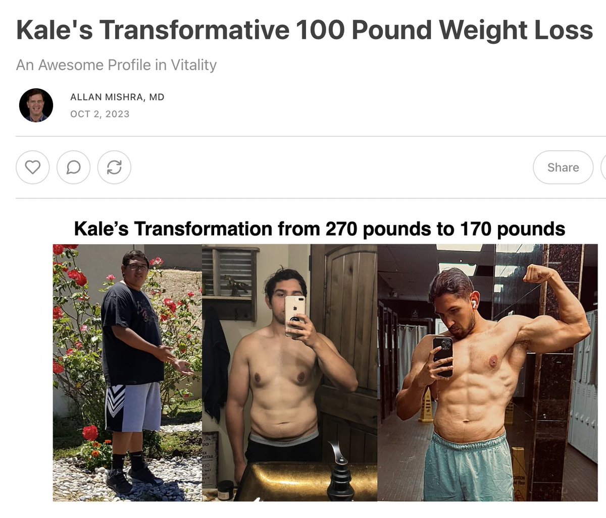 vytext.com/Kale Read via the link about how Kale lost 100 pounds and transformed himself into an elite body builder. #inspiration #motivation #MondayMorning <a href="/pronounced_kyle/">Christian Keil</a> <a href="/tferriss/">Tim Ferriss</a> <a href="/markmanson/"></a> <a href="/daniel_kraft/">Daniel Kraft, MD</a> <a href="/elonmusk/">Elon Musk</a> Pls ReX