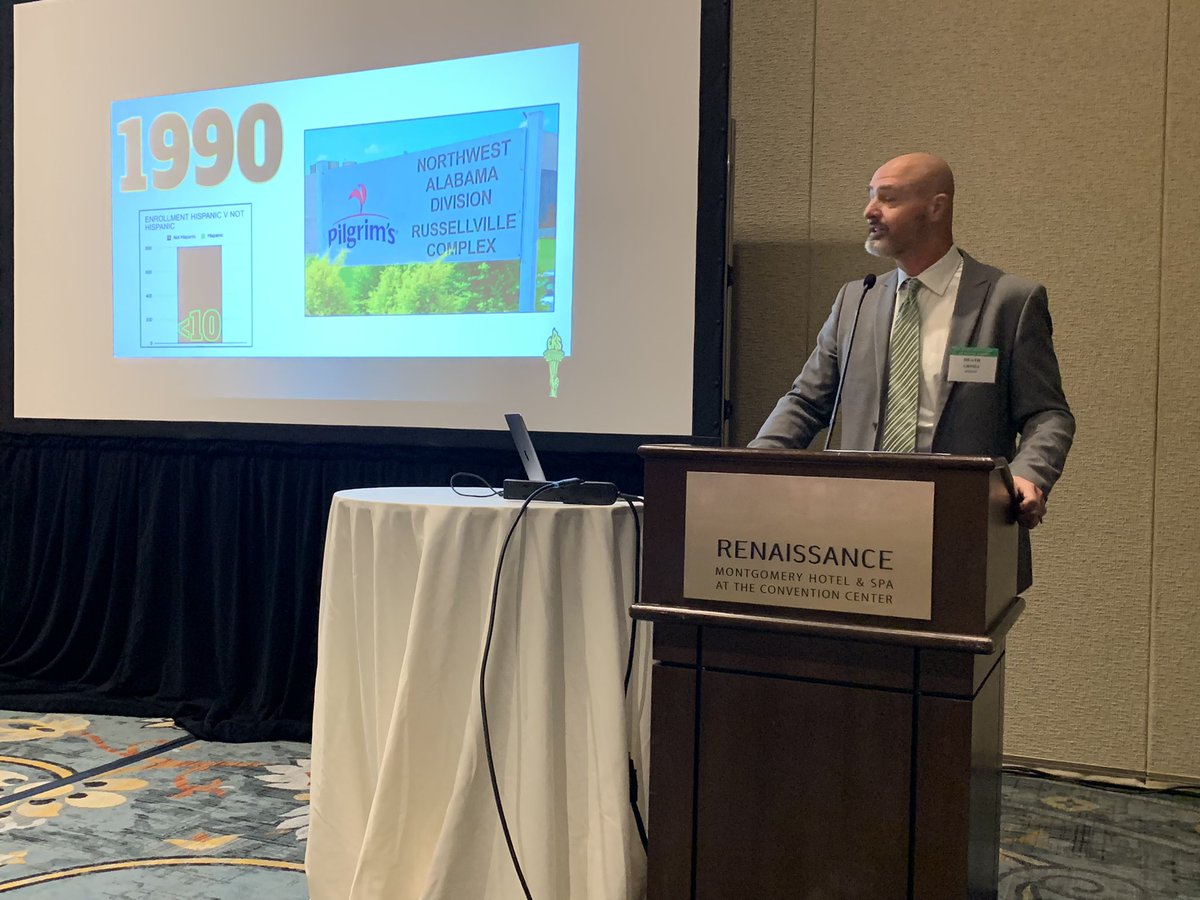 AlaSchoolBoards's tweet photo. Russellville City Schools Supt. Dr. Heath Grimes is off and running with this morning’s first breakout session, sharing Russellville City Schools story on Engaging families of ELL learners. #AASBFallConference@Grimes75 https://t.co/RKzNharPSi