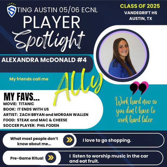 💡PLAYER SPOTLIGHT💡 Introducing <a href="/AllyMcD36790106/">Ally McDonald</a>!
<a href="/sting_austin/">Sting Austin</a> <a href="/StingSoccerClub/">Sting Soccer Club</a> <a href="/ImCollegeSoccer/">College Soccer Truth ™</a> <a href="/ImYouthSoccer/">ECNL/GA/Recruiting/College Soccer</a> <a href="/TopDrawerSoccer/">TopDrawerSoccer</a> <a href="/EcnlTexas/">ECNL Girls Texas Conference</a> <a href="/ECNLgirls/">ECNL Girls</a>