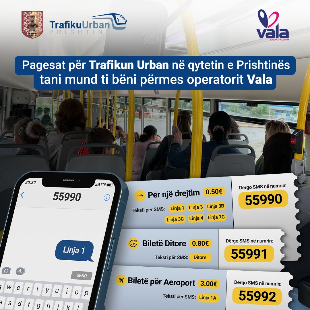 Të nderuar klientë
Nga data 01.10.2023, ju mund ta paguani me SMS biletën për linjat e trafikut urban.
Shpresojmë t’jua kemi bërë më të lehta qarkullimet tuaja të përditshme!