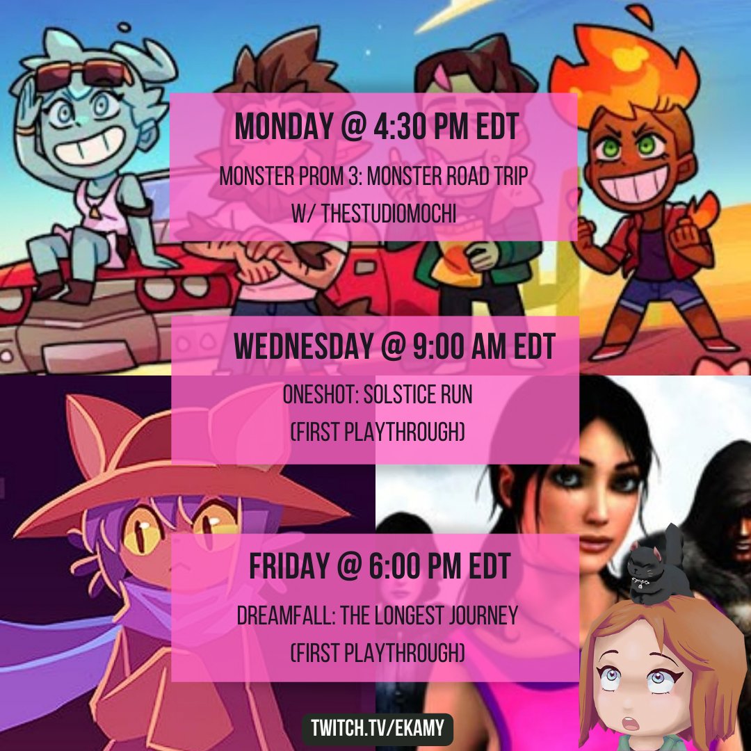 _ekamy_'s tweet photo. Stream schedule for the week!

Tonight @TheStudioMochi and I are taking a break from Stardew and playing some #MonsterProm 3 🙂 Then Wed I'm doing the Solstice run of #OneShot, and then Friday will be for more #Dreamfall!!

#monsterroadtrip #dreamfallthelongestjourney https://t.co/GOB2qX63cp