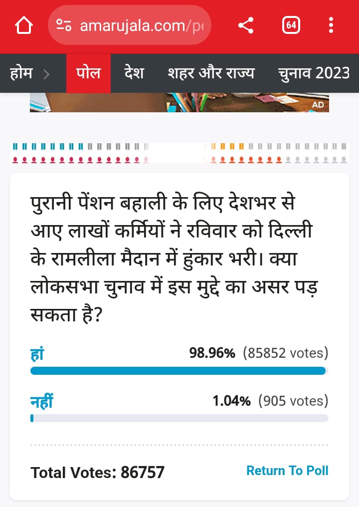 amarujala.com/poll

भारत के प्रतिष्ठित समाचार पत्र अमर उजाला ने अपने सर्वे में एनपीएस बनाम ओपीएस में ओपीएस काफी आगे है