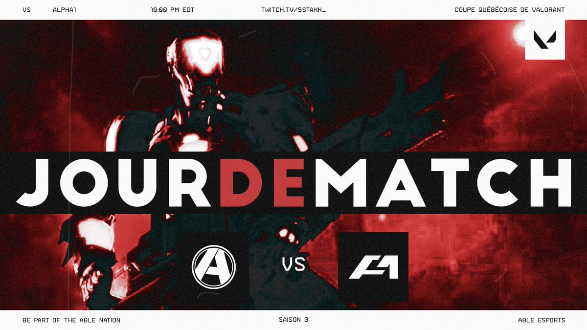 Notre équipe de #VALORANT est de retour en action ce soir pour notre match de la <a href="/CQV_Officiel/">Coupe Québécoise de Valorant</a>. Ne manquez pas ça !

🆚 <a href="/Alpha1GG/">Team Alpha1</a> 
🕒 22 h
📺 twitch.tv/5stakk_
🎙️ @Kunai3719 &amp; <a href="/SwifterMeister/">Swifter</a> 

@Riouxxxxx
<a href="/Stalker_Fps/">Stalker</a>
<a href="/VolcaNCS/">VolcaN</a>
<a href="/wounD_tv/">wounD 🇨🇦</a>
@XplicitCs