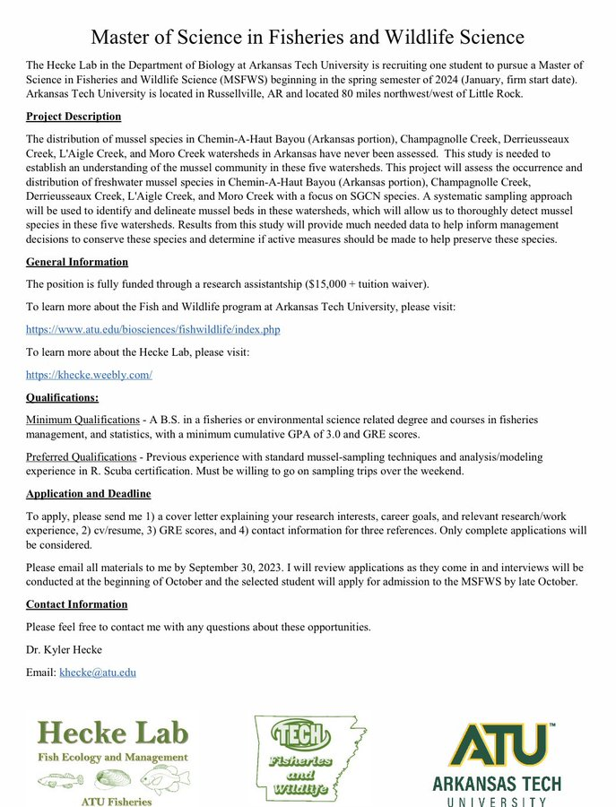 Please share: I am recruiting a master’s student to sample mussels in tributary systems of the south-central plains ecoregion in Arkansas. Will be open until filled. Position starts in January (2024).