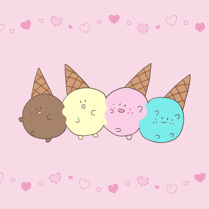 まんプクさん()に3日前に投稿した絵  9月29日、くっつく日だったのでくっつきそうなアイスたちを描きました 実際アイスってちょっと混ざっところも美味しいですよね