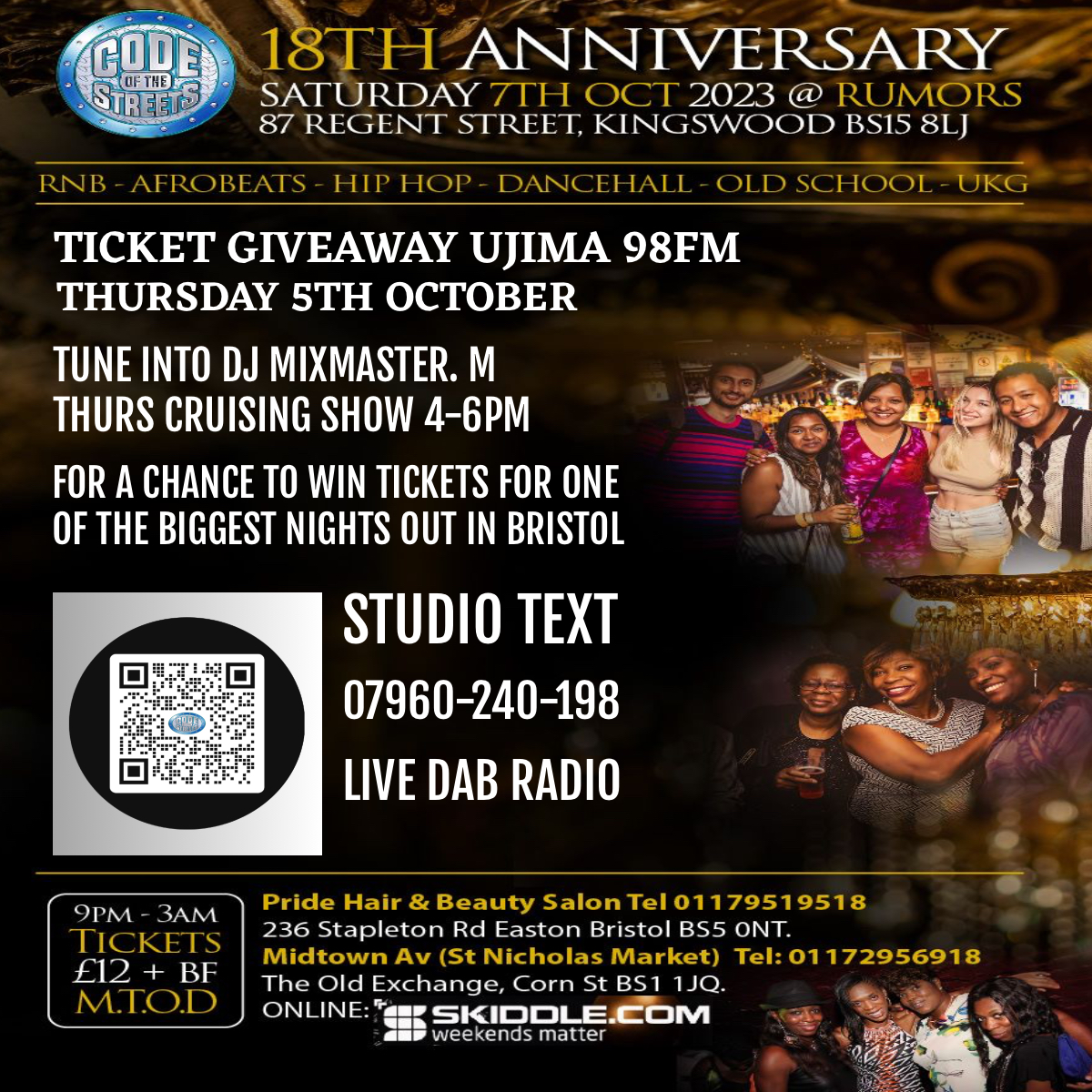 Ujimaradio's tweet photo. 🎉 Win tickets for Code of the Streets 18th Anniversary at Rumours Lounge & Bar! Tune in to the Cruising Show with Mixmaster M from 4-6pm for your chance. Details below. 🎶 #CodeOfTheStreets #Giveaway #TuneIn https://t.co/vHO0Xn1aLO