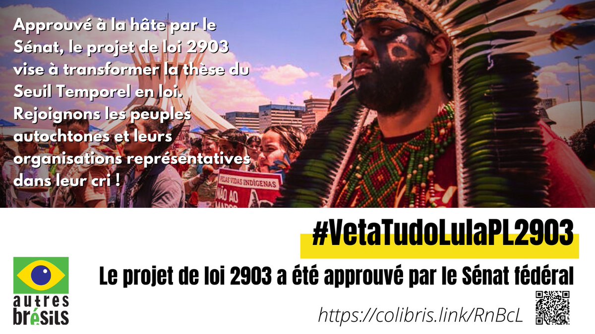 #VetaTudoLulaPL2903 | L’histoire des peuples autochtones ne commence pas en 1988 !

Autres Brésils appelle tout.es à faire part de la mobilisation lancée par l’<a href="/ApibOficial/">Apib Oficial</a> et l’@ANMIGA contre le projet du Sénat visant à transformer le Seuil Temporel en loi.