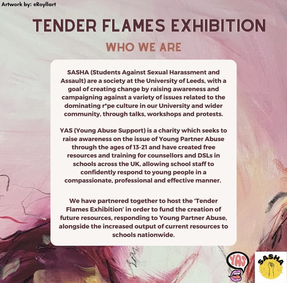YASSupport's tweet photo. A reminder that tickets are still on sale for our upcoming “Tender Flames” Exhibition and Fundraiser at Headrow House on the 8th of October! 

This is a great opportunity to support local artists by seeing their work and listening to spoken word performances, whilst also raising https://t.co/7clfAE9js6