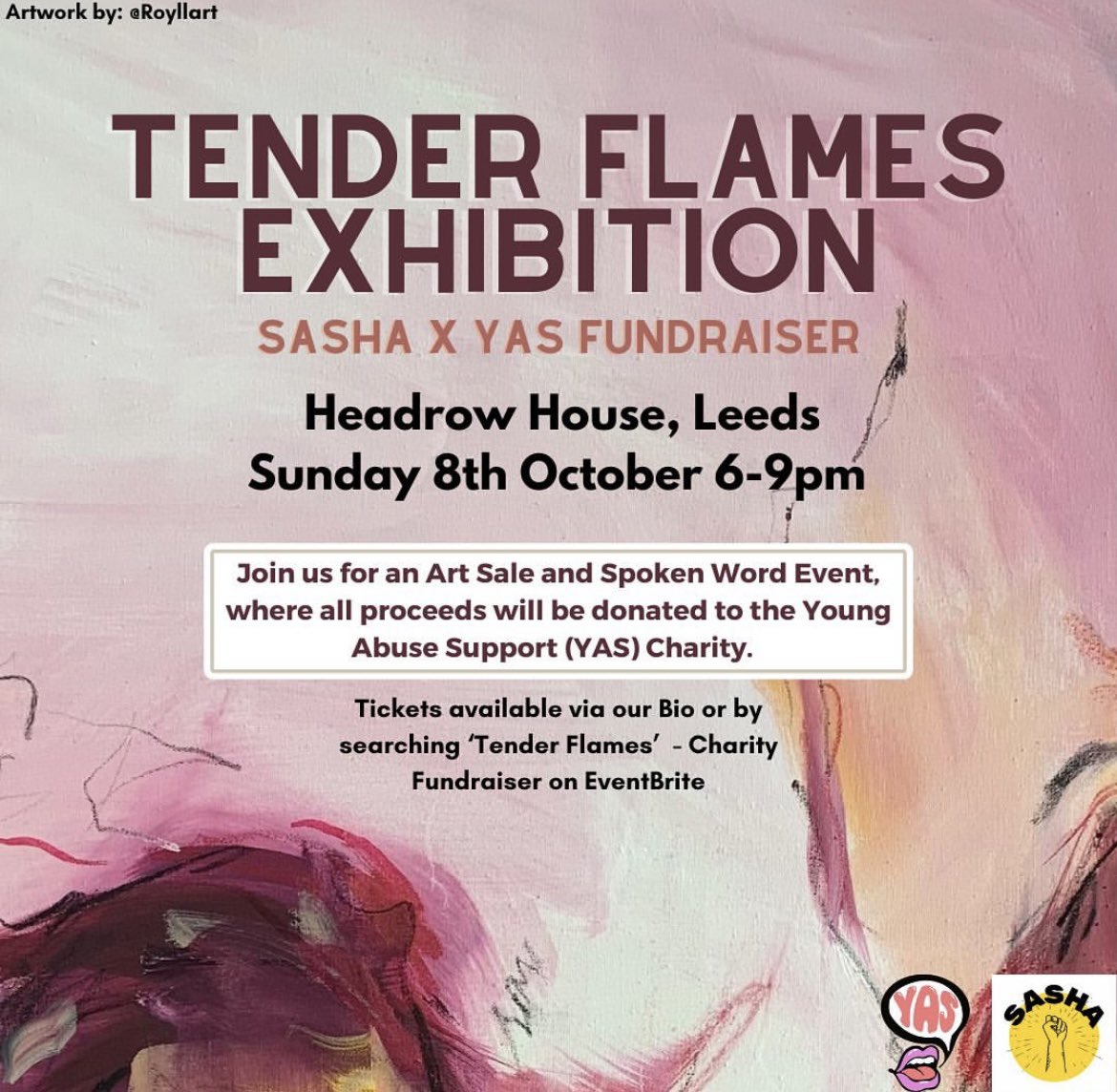 YASSupport's tweet photo. A reminder that tickets are still on sale for our upcoming “Tender Flames” Exhibition and Fundraiser at Headrow House on the 8th of October! 

This is a great opportunity to support local artists by seeing their work and listening to spoken word performances, whilst also raising https://t.co/7clfAE9js6