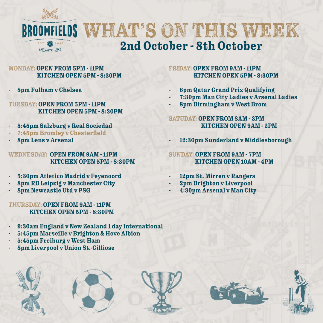 BroomfieldsBR2's tweet photo. 𝗪𝗵𝗮𝘁 𝗪𝗲 𝗛𝗮𝘃𝗲 𝗢𝗻 𝗧𝗵𝗶𝘀 𝗪𝗲𝗲𝗸

- Bromley FC Beamback ✅
- Premier League ✅
- Champions League ✅
- Europa League ✅
- Grand Prix ✅

#hellobroomfields #livesports #drinksoffer #GinOffer #aleoffers #leaguefootball #LiveFOOTBALLTV #RugbyWorldCup2023 https://t.co/ib94tPmBz0