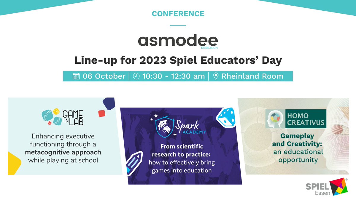 We are delighted to announce that, this year again on the occasion of <a href="/SPIEL_Messe/">SPIEL@Essen - #SPIEL24</a> 's #Educator's Day, we are organizing a conference to share some knowledge on the benefits of #boardgames on #education and #creativity. 
👉The complete program: lnkd.in/eBwYXZkY