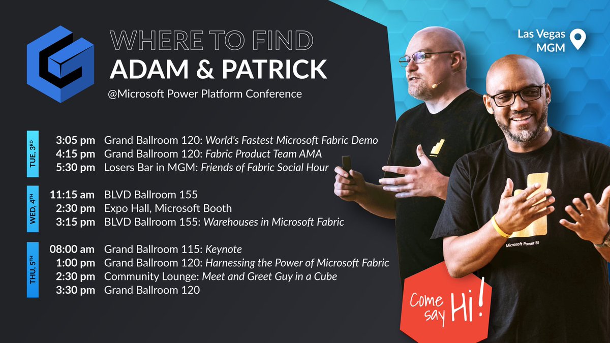 GuyInACube's tweet photo. Going to #MPPC23 and want to say hi? Or want to attend one of our sessions? Here is a quick image to help you out! Thanks @ShanesCows for the idea! #MicrosoftFabric #PowerBI // @patrickdba @cmsaxton https://t.co/gezNRLW6lq