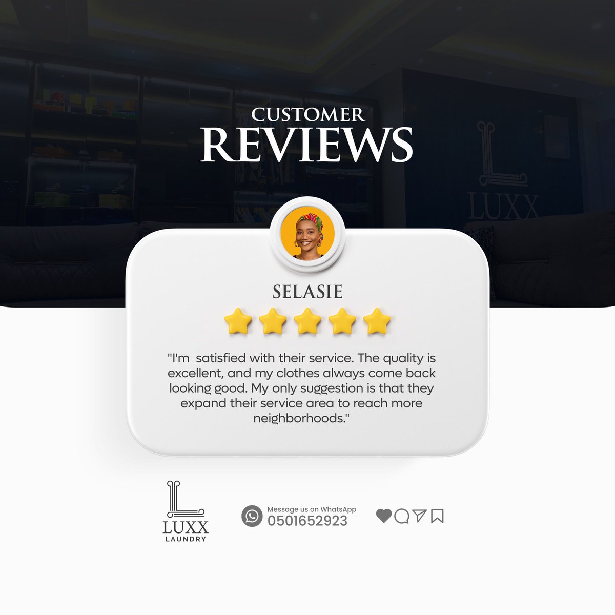 LuxxLaundry's tweet photo. "A satisfied customer is the best business strategy of all"
@luxxlaundry
#LuxxPartnerServiceReview #AbsoluteQualityEverytime
#Luxxlaundry. #24hourservice #samedaycollection #luxx #laundry #clean #brand #service #quality https://t.co/oxcCtKwyZf